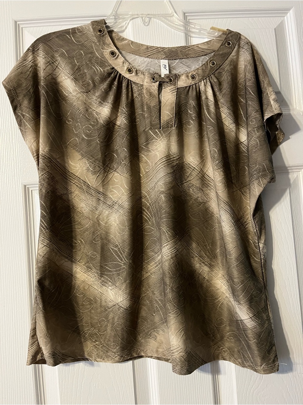 NY Collection Taupe Metallic-Pattern Short Sleeve Blouse